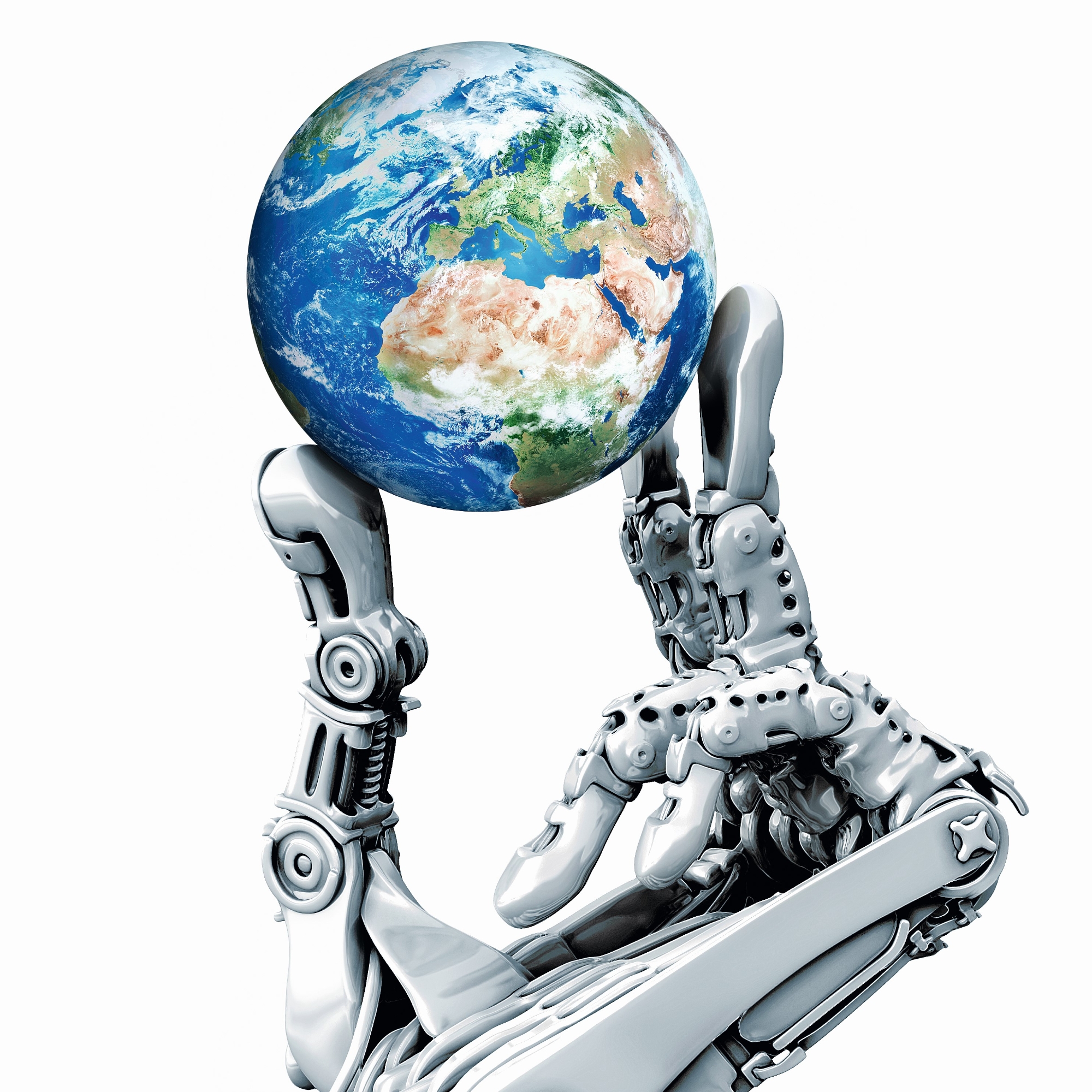 Eine Roboterhand hält eine Weltkugel in den Händen.